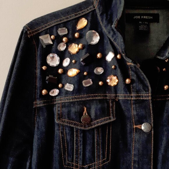 EUC Joe Fresh dark blue denim jacket w/ crystal & pearl embellishments, XL - Picture 7 of 8